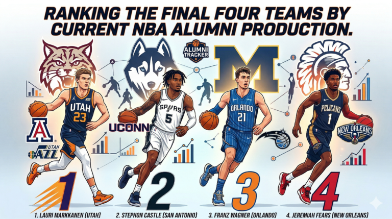 Infographic ranking Arizona, UConn, Michigan, and Illinois by their former players' NBA performance and scoring data.